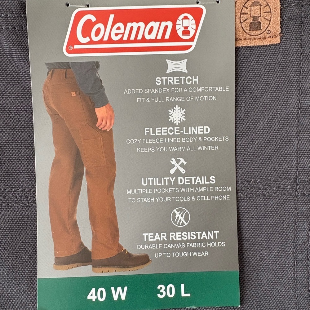 NWT Mens Coleman Canvas Fleece Lined Utility Pants Grey Size 40x30 - Picture 6 of 7